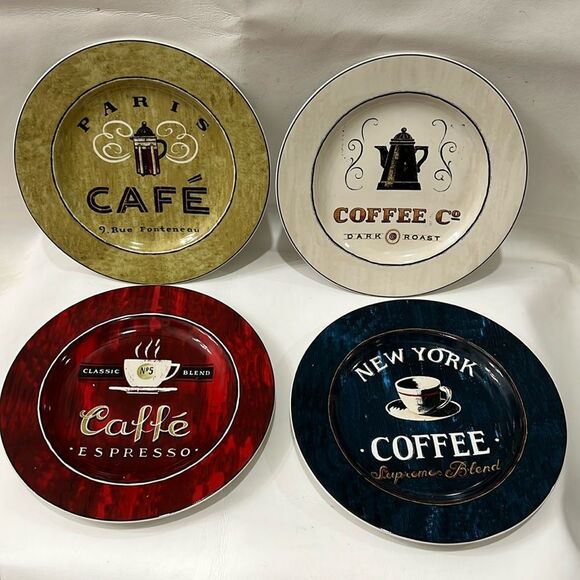 Sakura Coffee Break Plates set 4 Paris Cafe New York Caffe Expresso 8 In Round - Picture 1 of 11